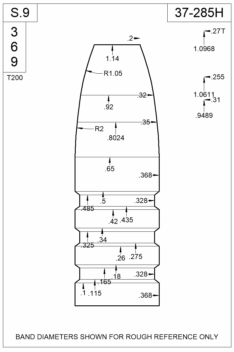 Dimensioned view of bullet 37-285H