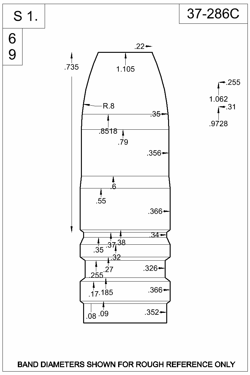 Dimensioned view of bullet 37-286C