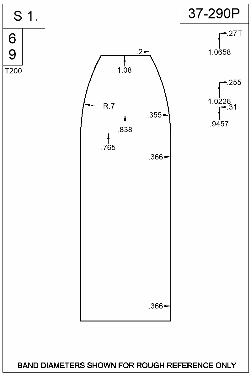 Dimensioned view of bullet 37-290P