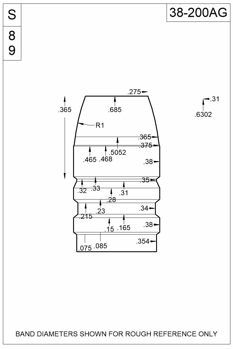Accurate Molds catalog #38-200AG Dimensioned view of bullet 38-200AG