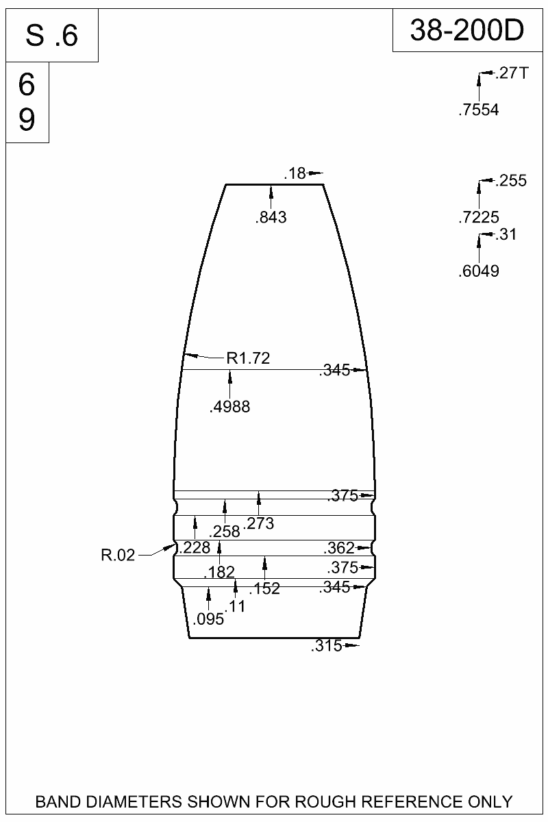 Dimensioned view of bullet 38-200D