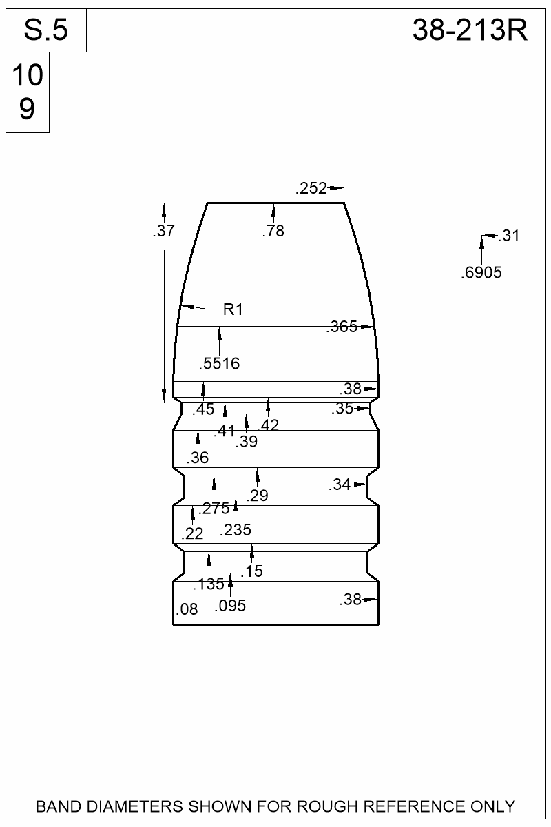 Accurate Molds catalog #38-213R Dimensioned view of bullet 38-213R