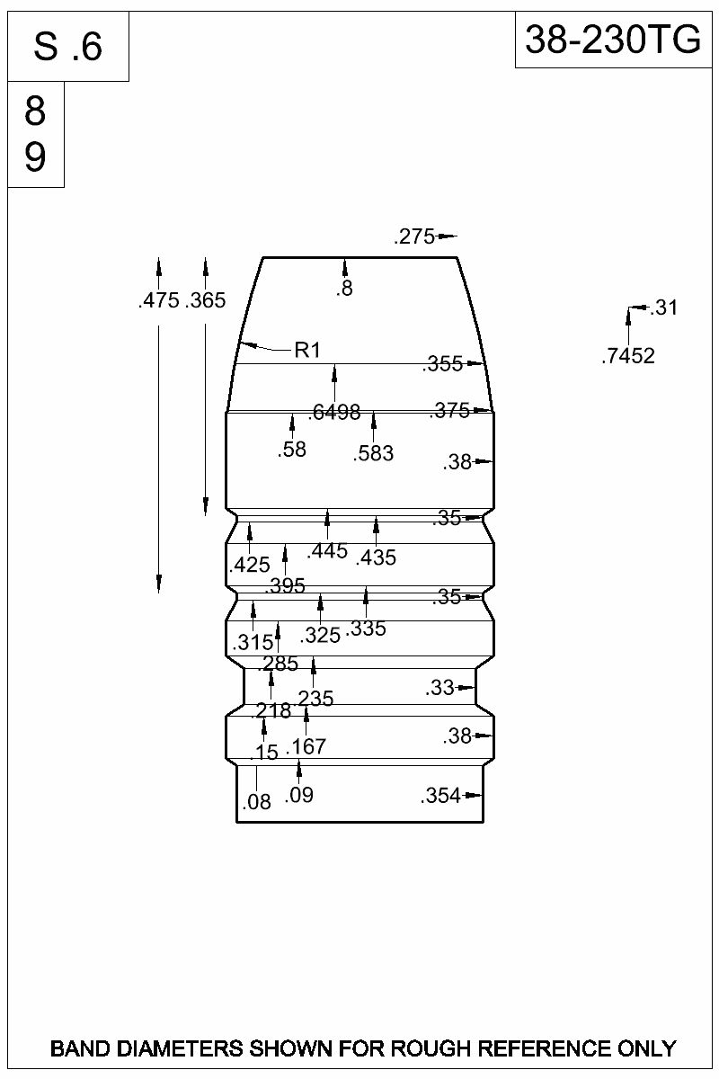 Dimensioned view of bullet 38-230TG
