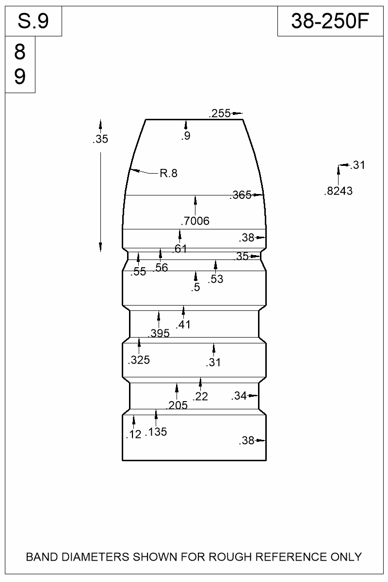 Accurate Molds catalog #38-250F Dimensioned view of bullet 38-250F