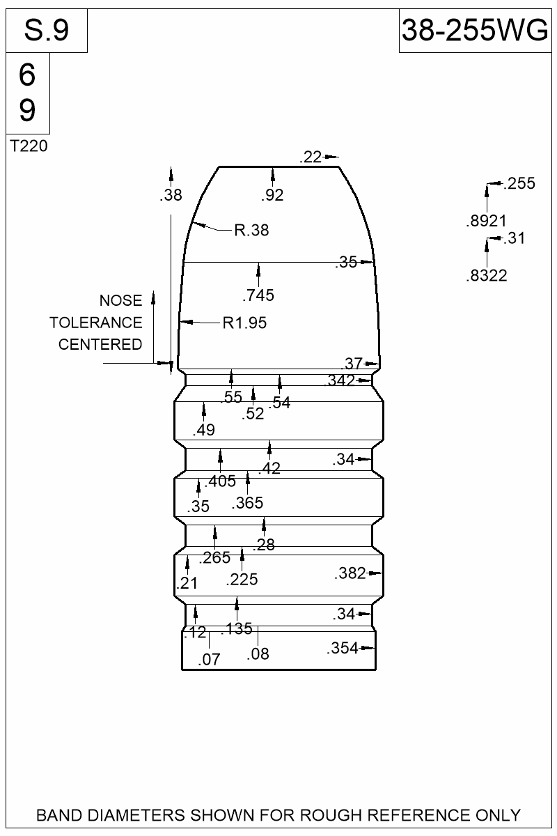 Dimensioned view of bullet 38-255WG