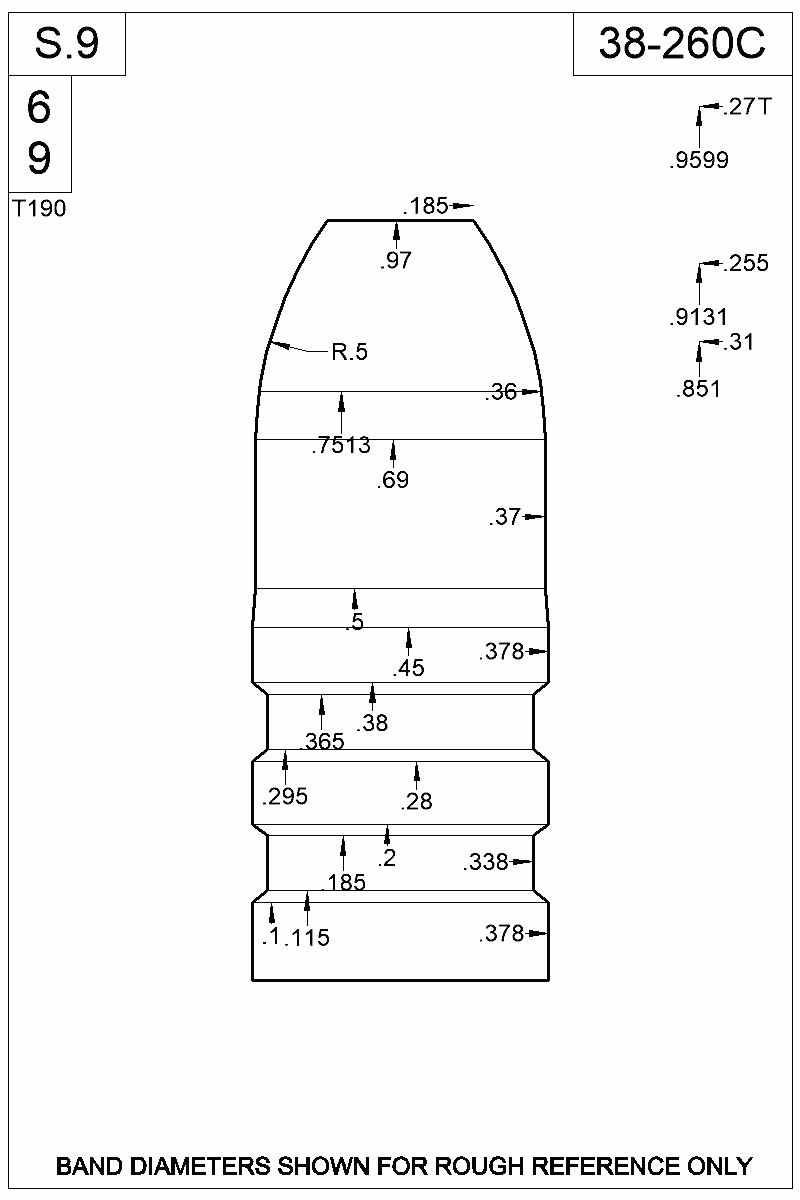 Dimensioned view of bullet 38-260C