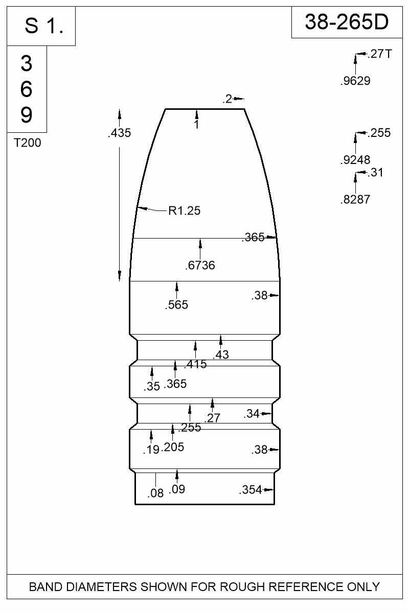 Dimensioned view of bullet 38-265D