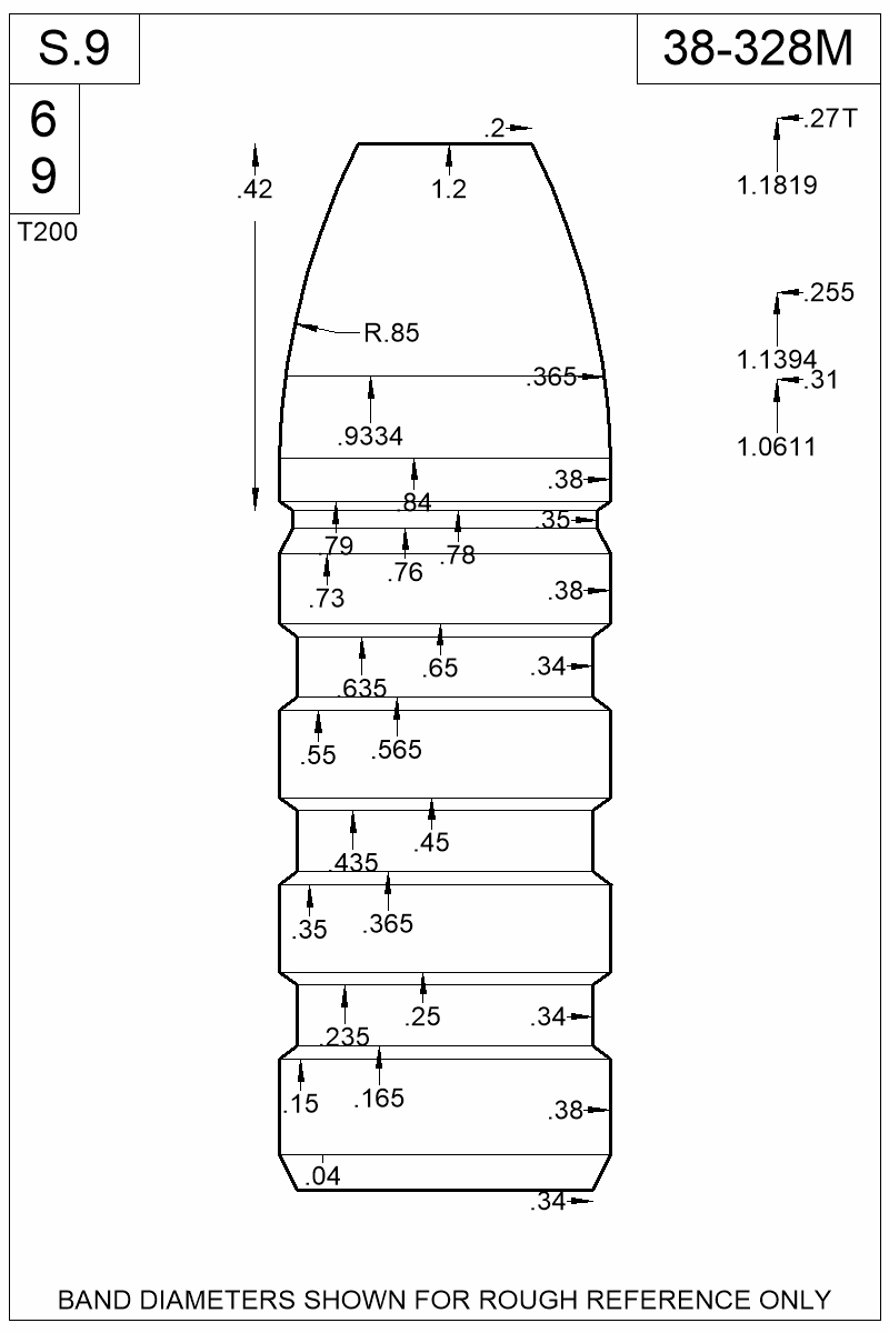 Dimensioned view of bullet 38-328M