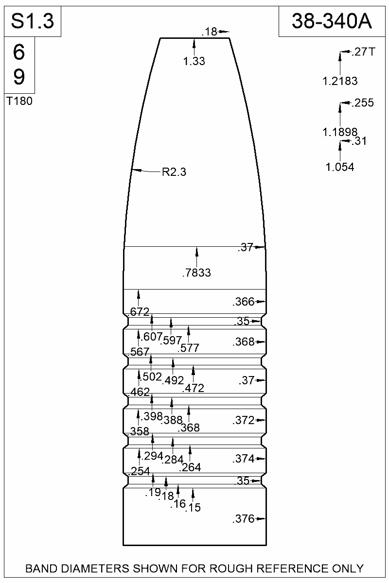 Dimensioned view of bullet 38-340A