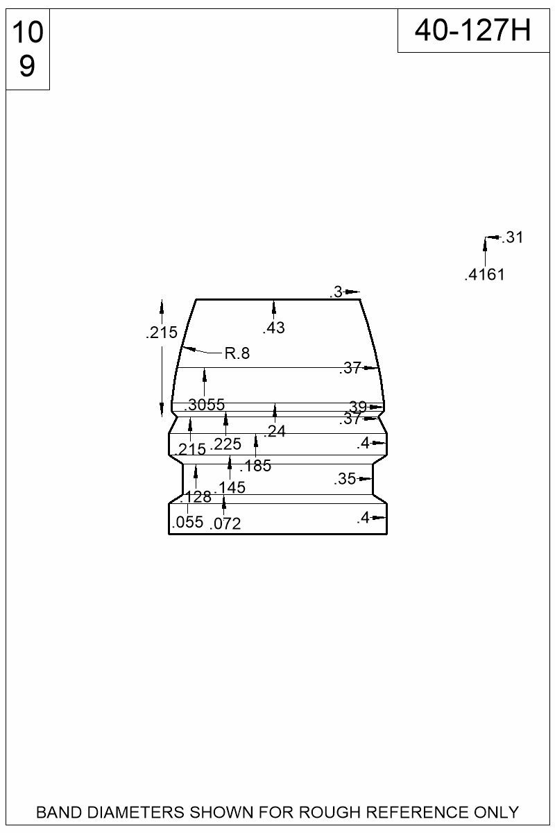 Accurate Molds catalog #40-127H Dimensioned view of bullet 40-127H