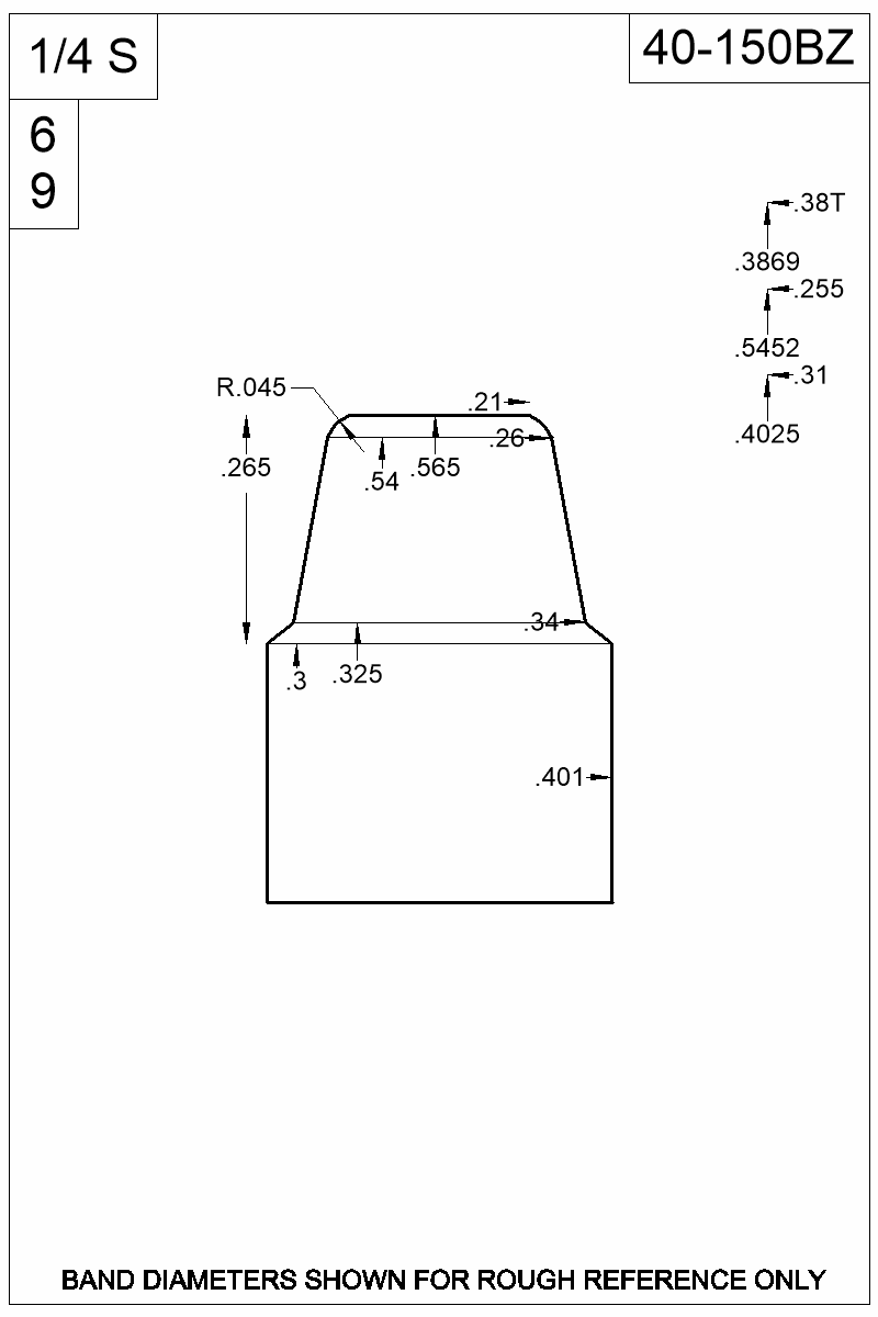 Dimensioned view of bullet 40-150BZ