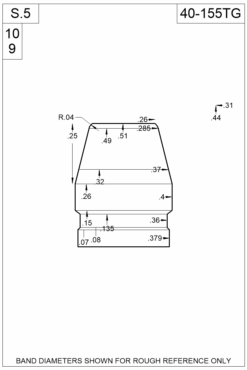 Dimensioned view of bullet 40-155TG
