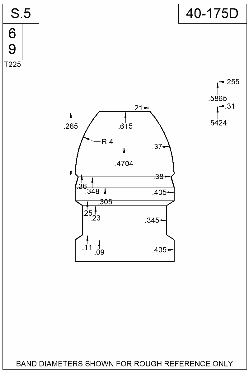 Dimensioned view of bullet 40-175D