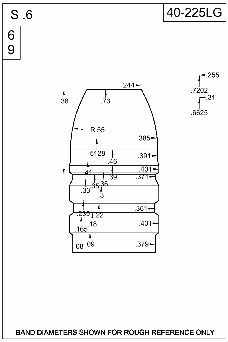 Accurate Molds catalog #40-225LG Dimensioned view of bullet 40-225LG