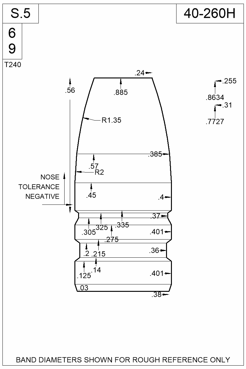 Dimensioned view of bullet 40-260H