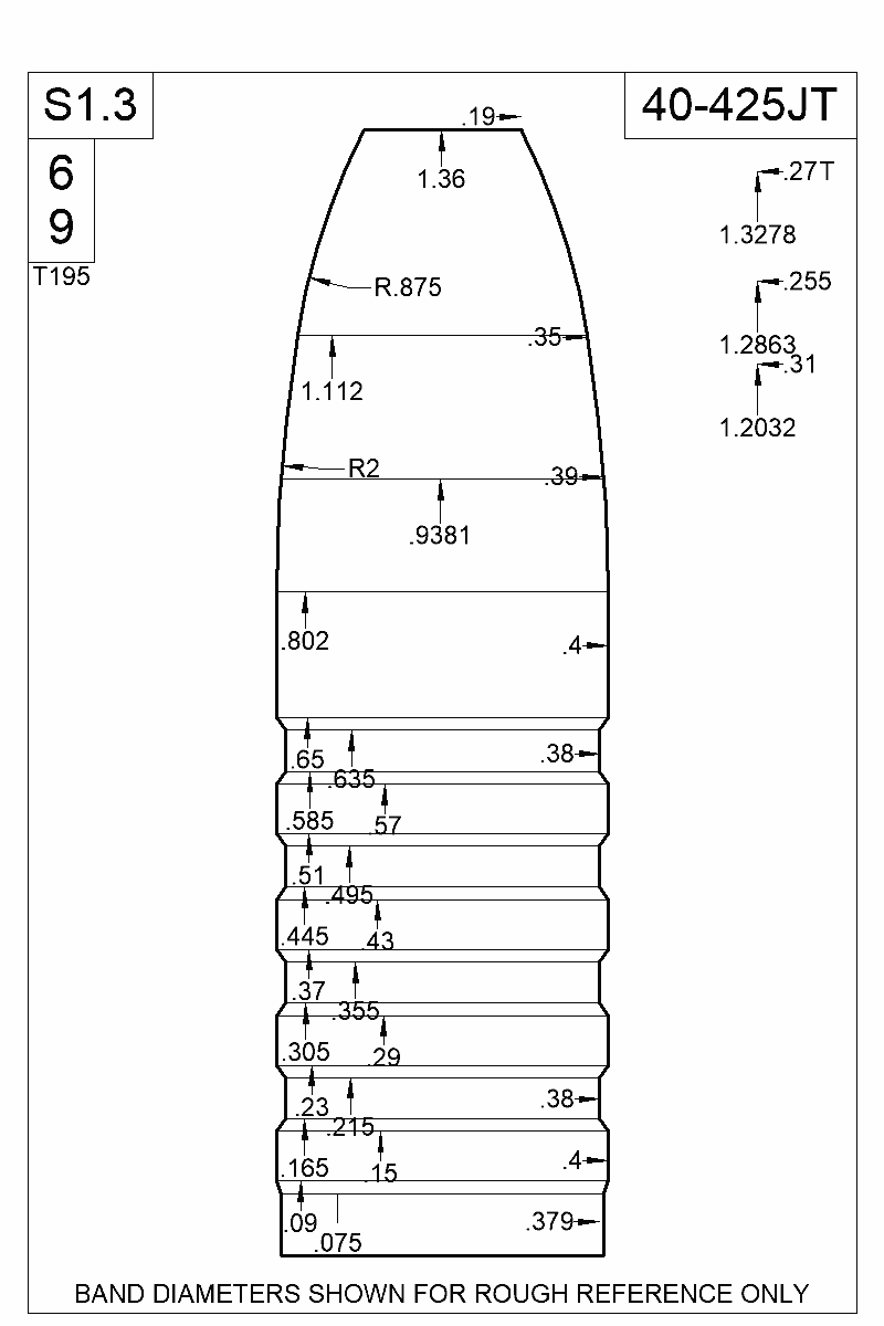 Dimensioned view of bullet 40-425JT