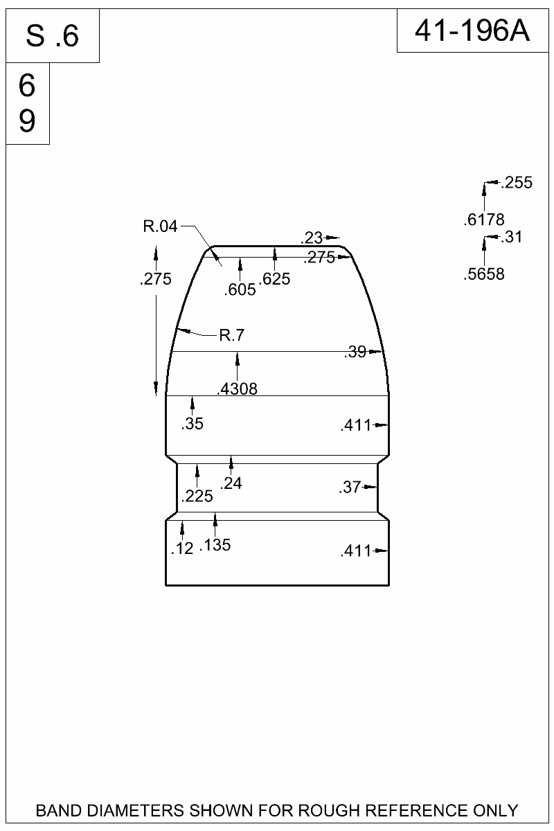 Dimensioned view of bullet 41-196A