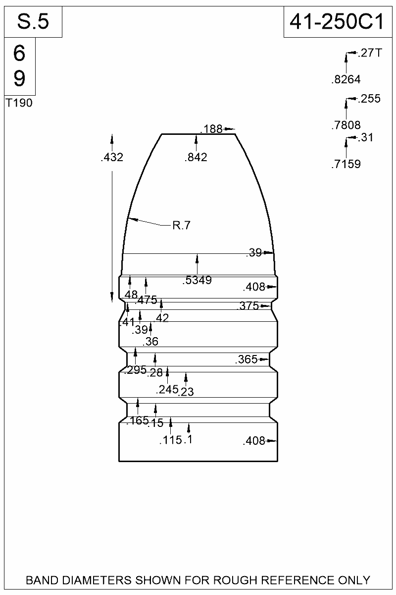 Dimensioned view of bullet 41-250C1