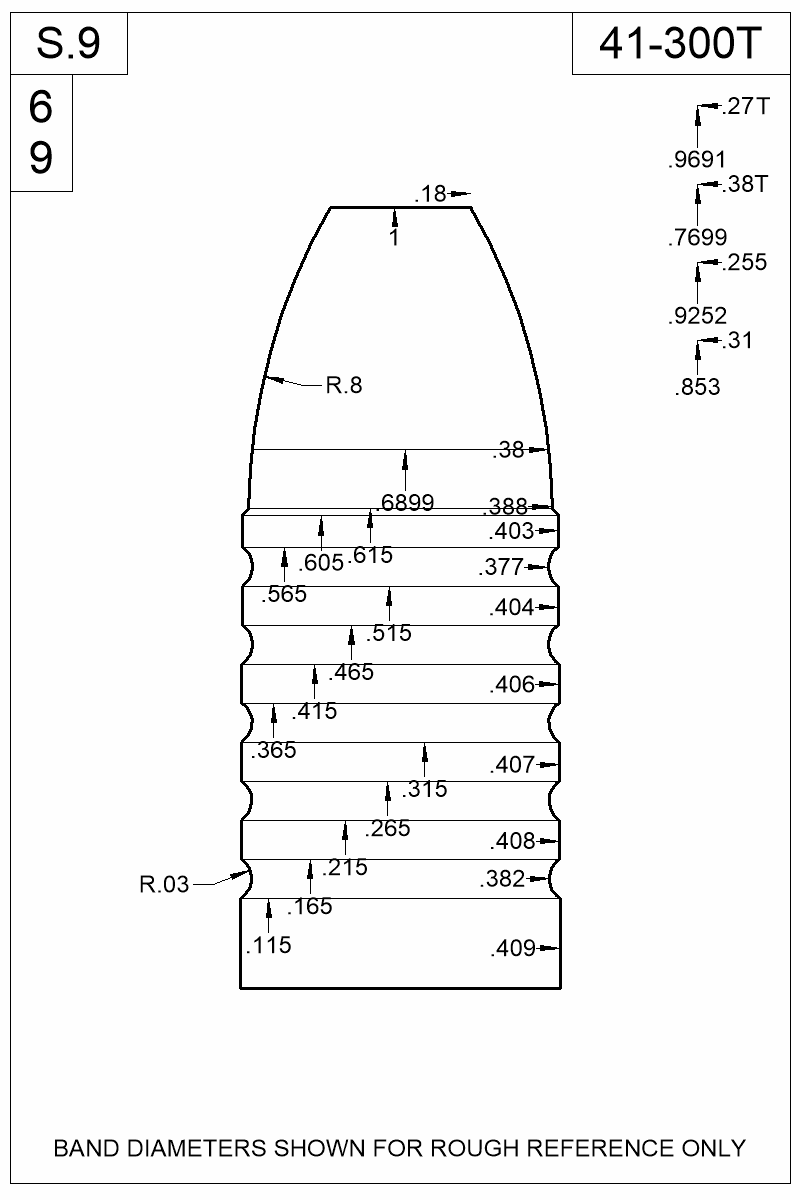 Dimensioned view of bullet 41-300T