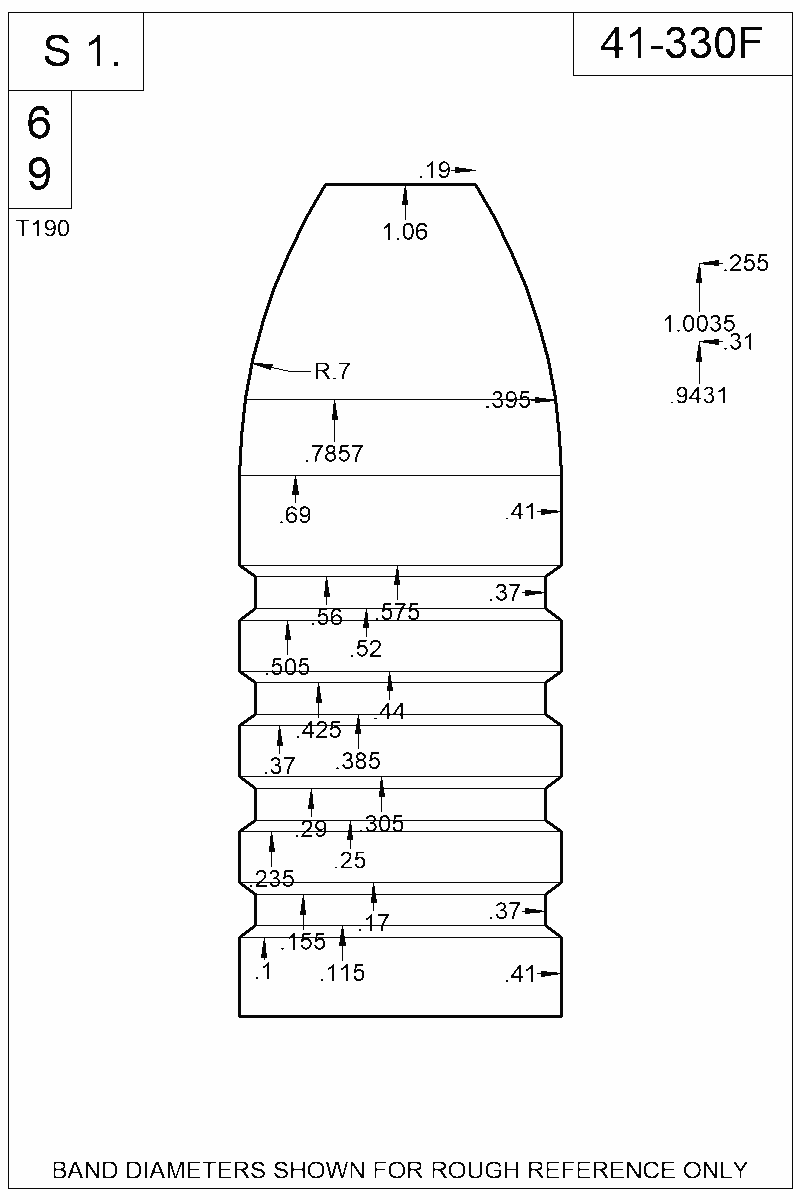 Dimensioned view of bullet 41-330F