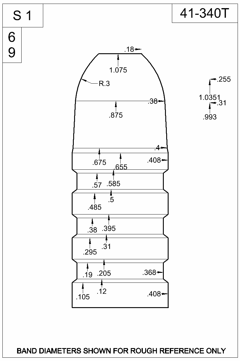 Dimensioned view of bullet 41-340T