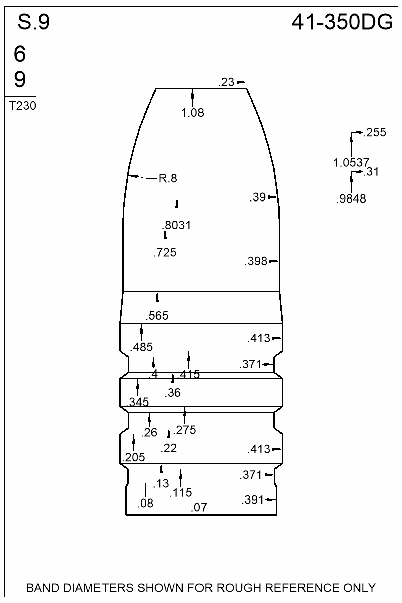 Dimensioned view of bullet 41-350DG