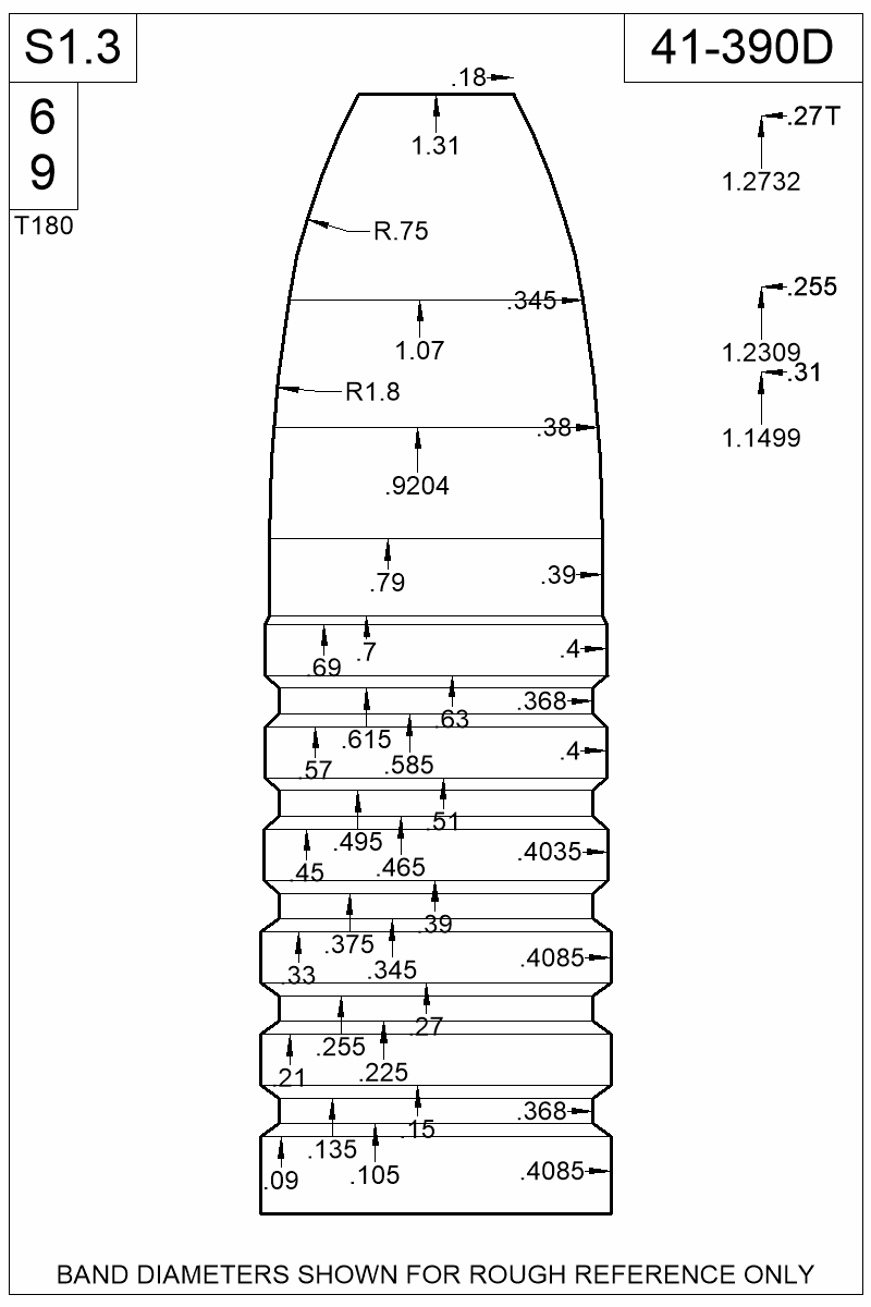 Dimensioned view of bullet 41-390D