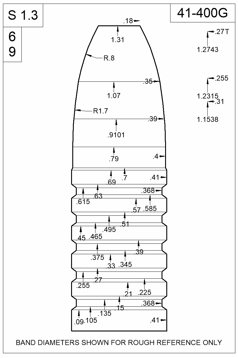 Dimensioned view of bullet 41-400G