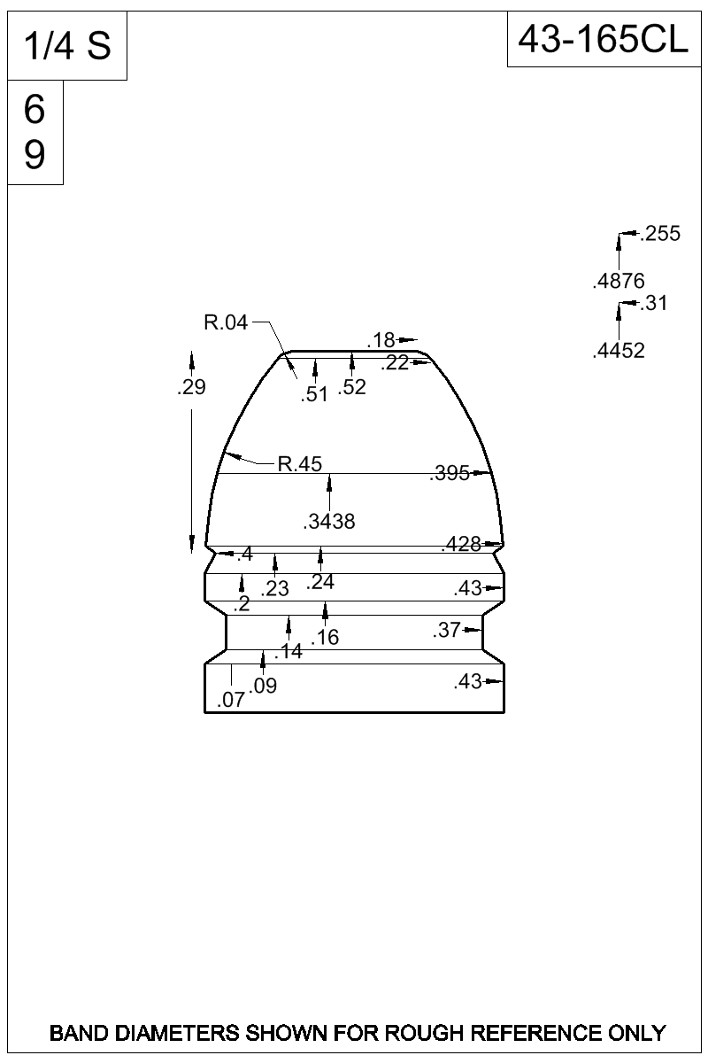 Dimensioned view of bullet 43-165CL