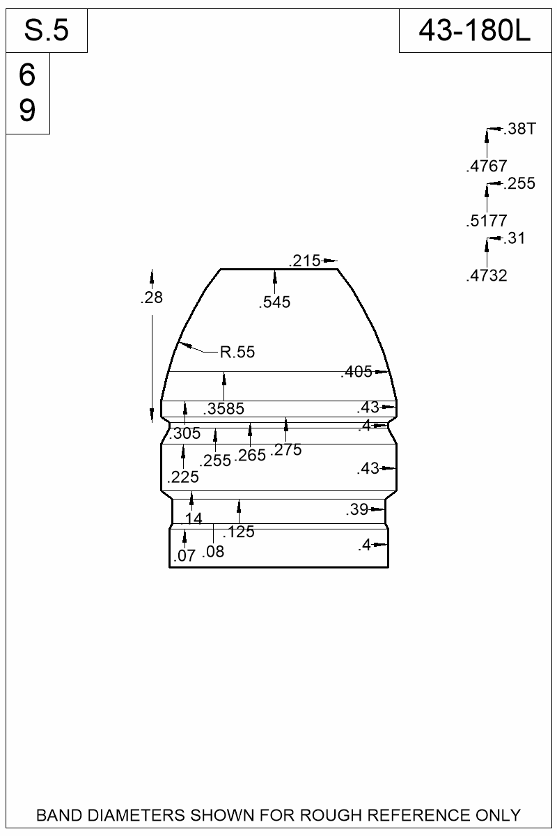 Dimensioned view of bullet 43-180L