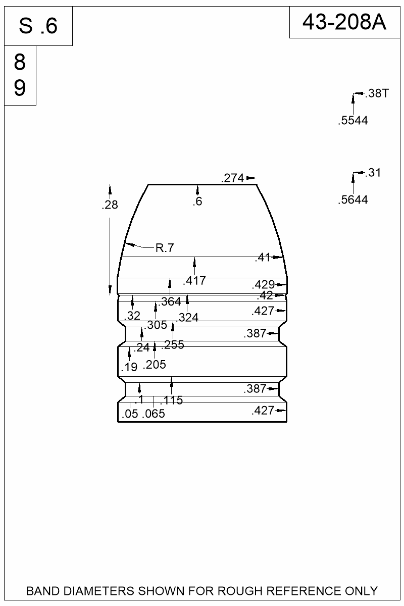 Dimensioned view of bullet 43-208A