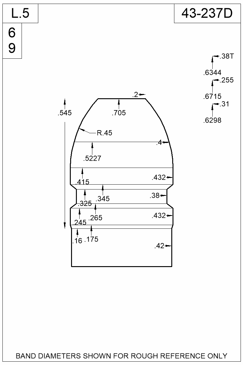 Accurate Molds catalog #43-237D Dimensioned view of bullet 43-237D