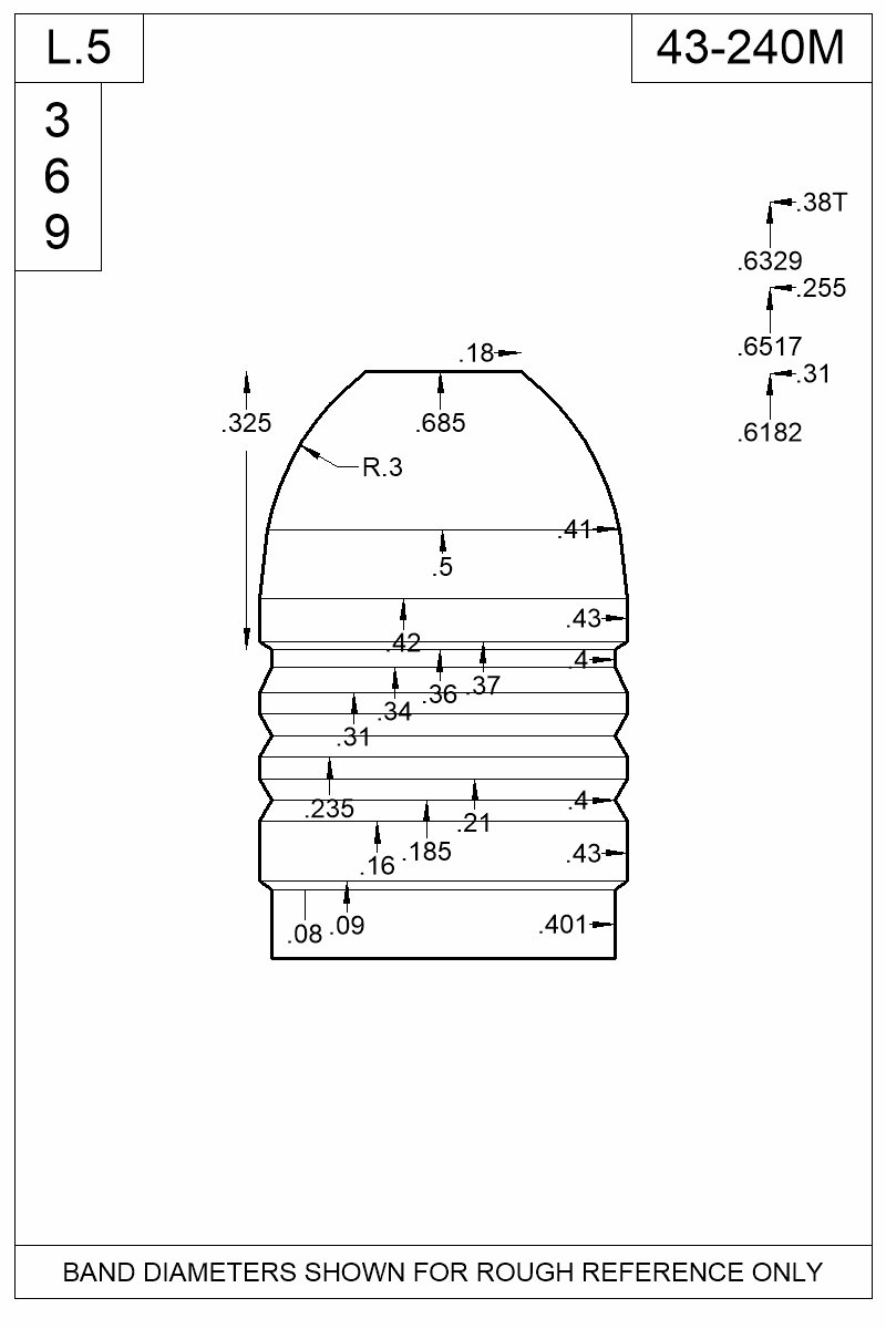 Dimensioned view of bullet 43-240M