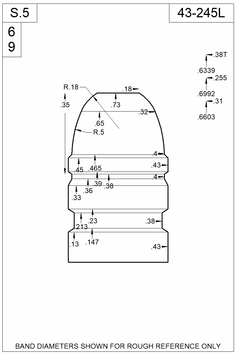 Dimensioned view of bullet 43-245L