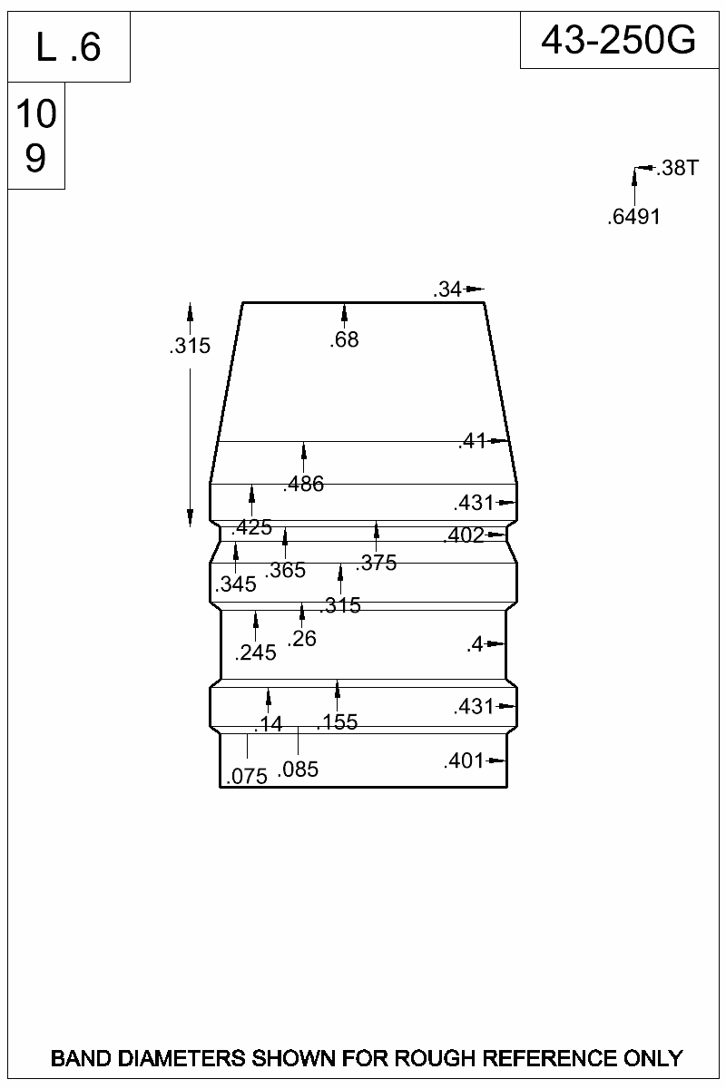Dimensioned view of bullet 43-250G