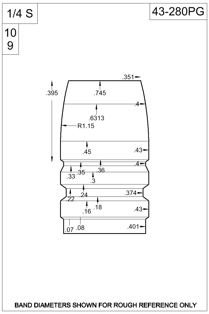Dimensioned view of bullet 43-280PG