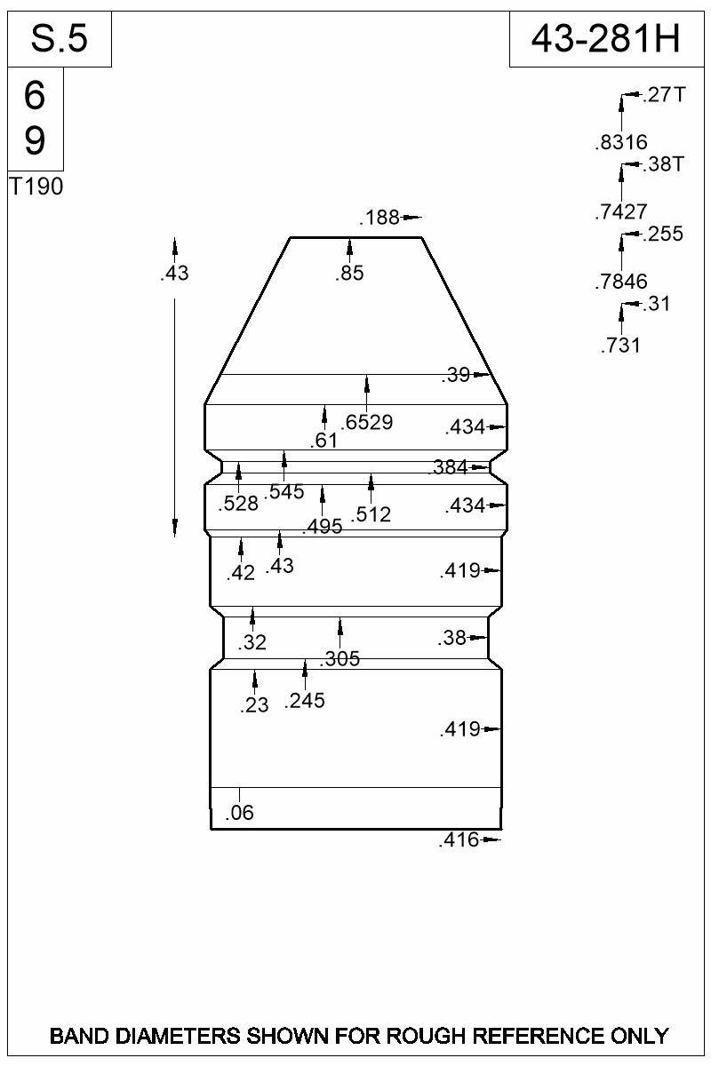 Dimensioned view of bullet 43-281H