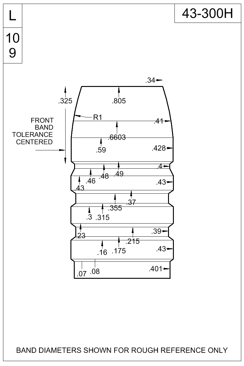 Accurate Molds catalog #43-300H Dimensioned view of bullet 43-300H