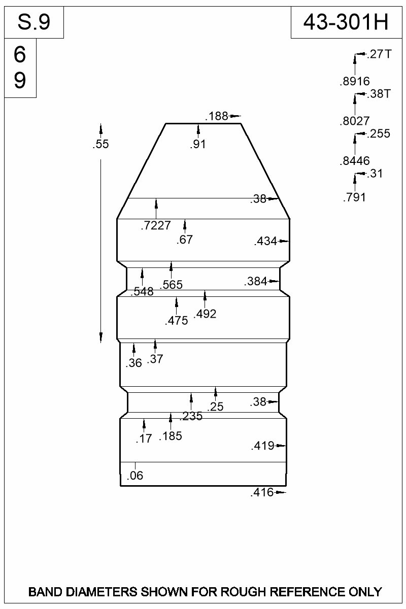 Dimensioned view of bullet 43-301H