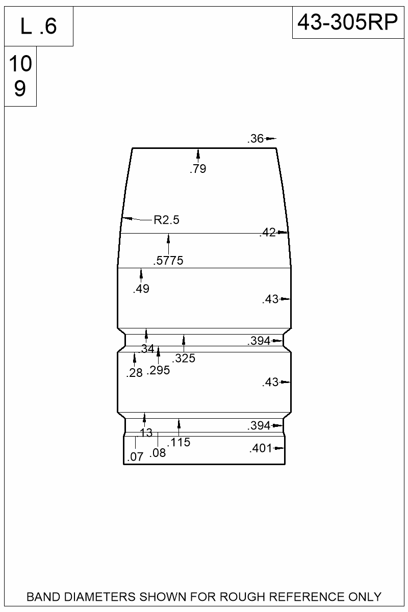 Dimensioned view of bullet 43-305RP