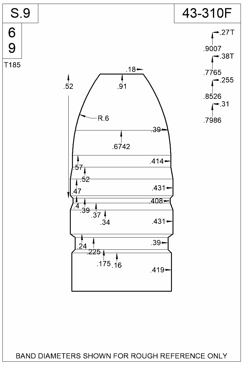 Dimensioned view of bullet 43-310F