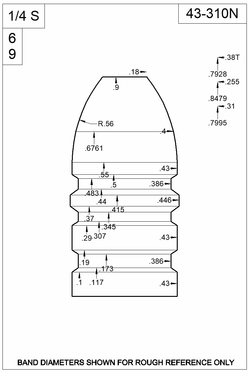 Dimensioned view of bullet 43-310N
