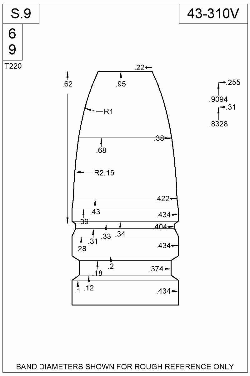 Dimensioned view of bullet 43-310V