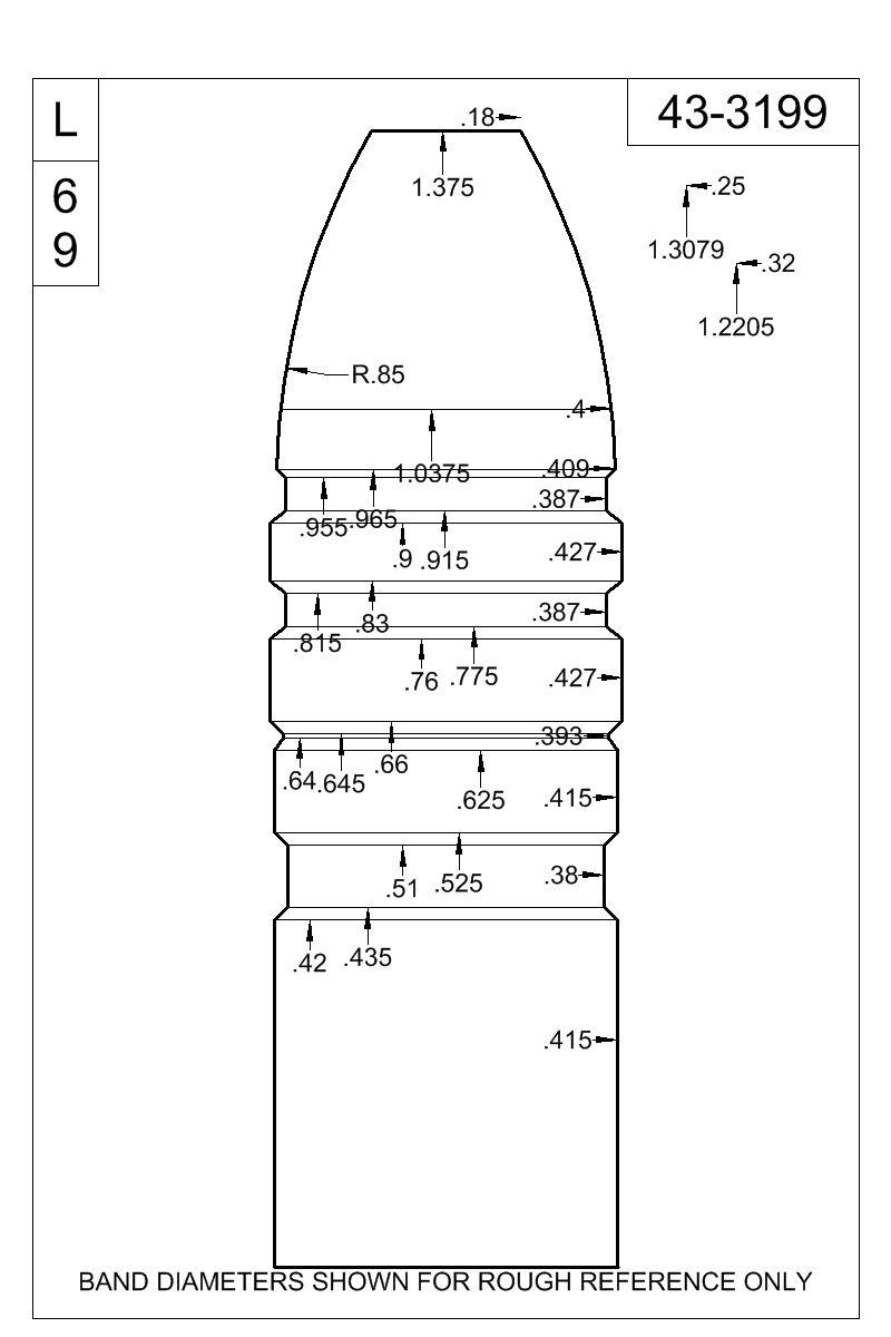Dimensioned view of bullet 43-3199