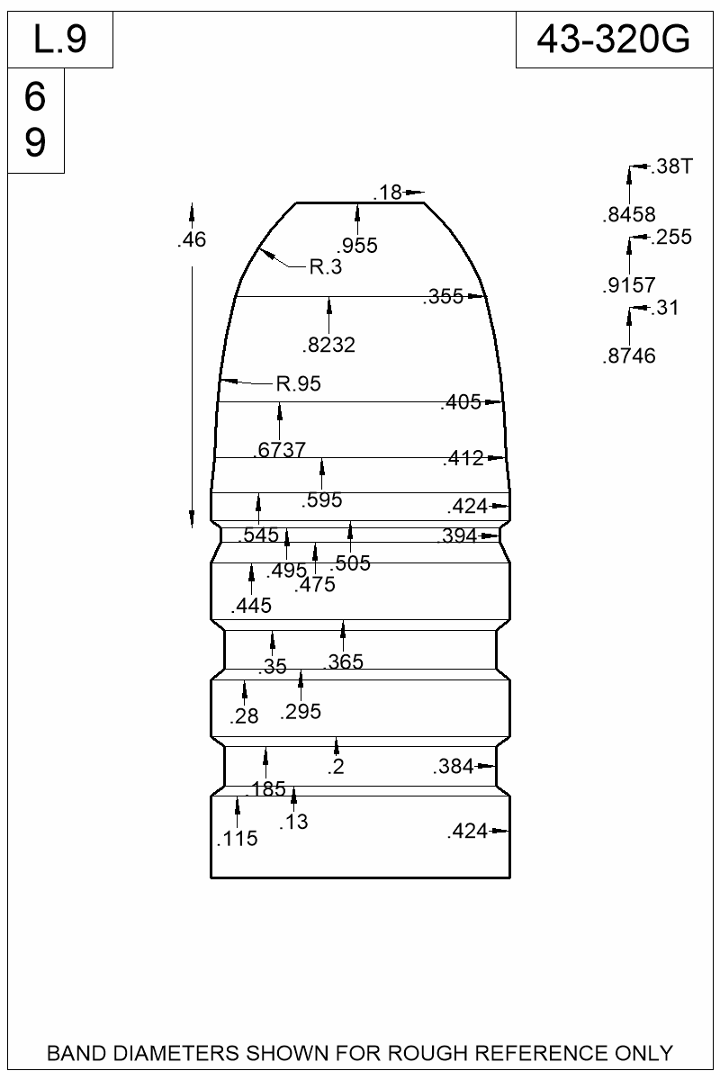 Dimensioned view of bullet 43-320G
