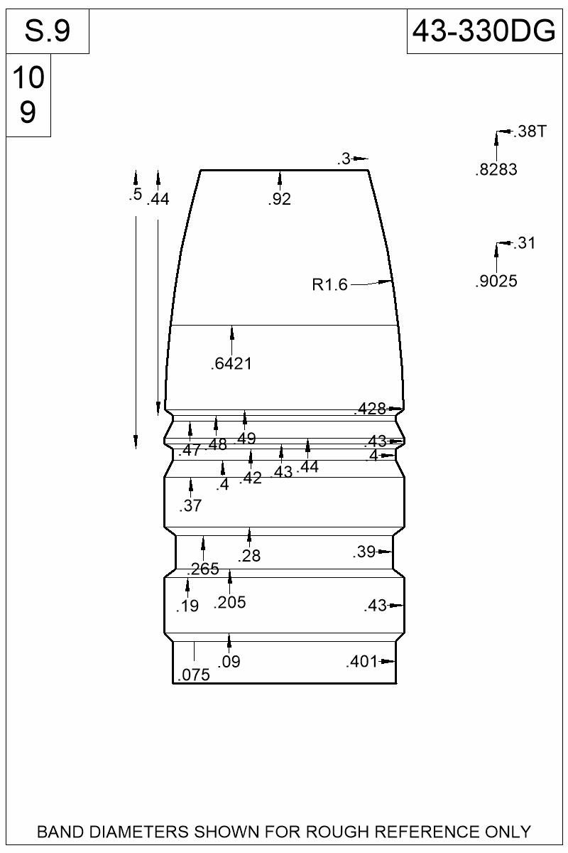 Dimensioned view of bullet 43-330DG