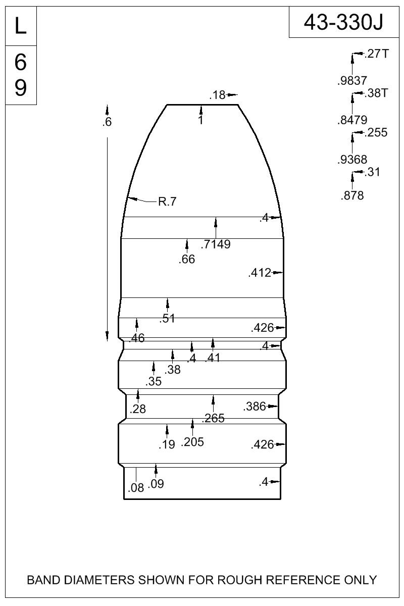 Dimensioned view of bullet 43-330J