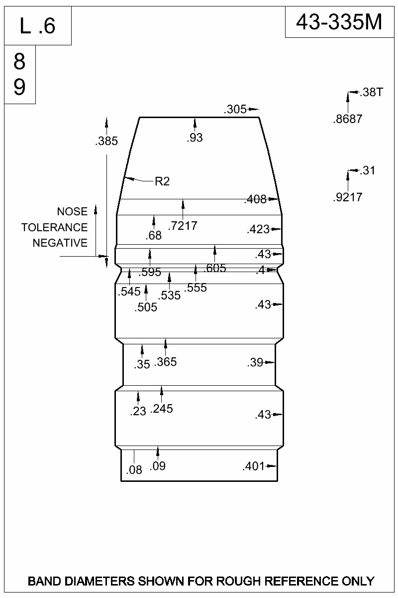 Dimensioned view of bullet 43-335M