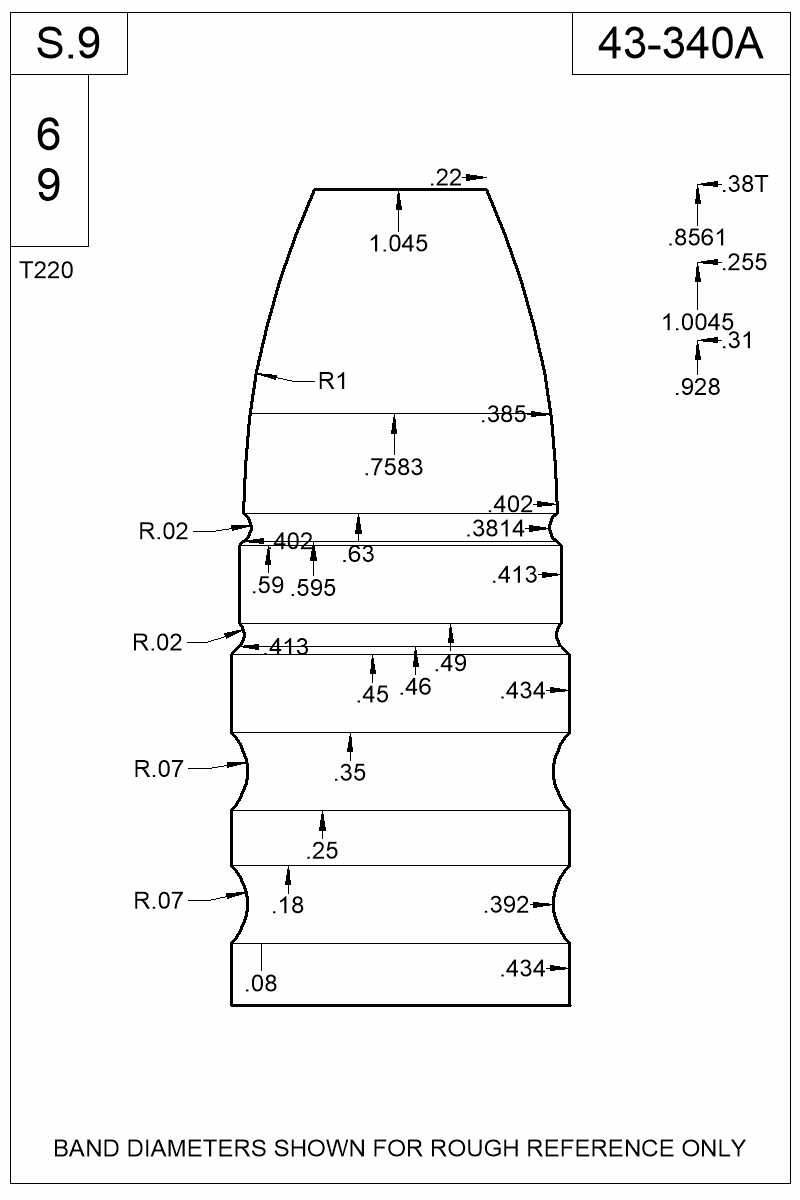 Dimensioned view of bullet 43-340A