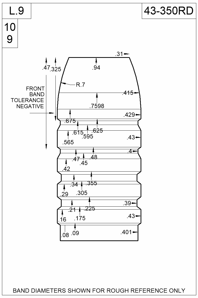 Dimensioned view of bullet 43-350RD